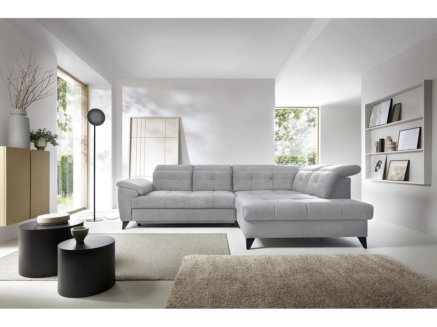 Canapé d'angle convertible tissu velouté KARIN - Coffre et appuis-tête réglables-Gris clair-angle droit
