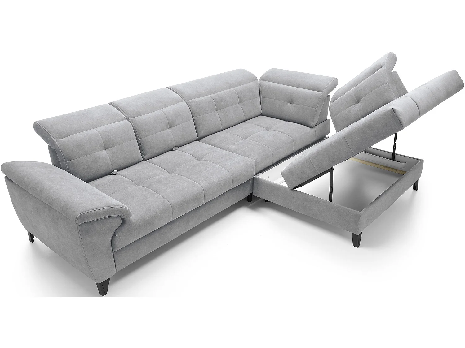 Canapé d'angle convertible tissu velouté KARIN - Coffre et appuis-tête réglables-Gris clair-angle droit