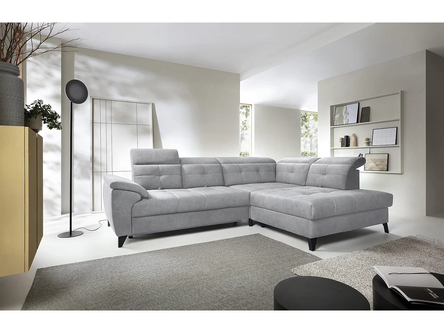 Canapé d'angle convertible tissu velouté KARIN - Coffre et appuis-tête réglables-Gris clair-angle droit