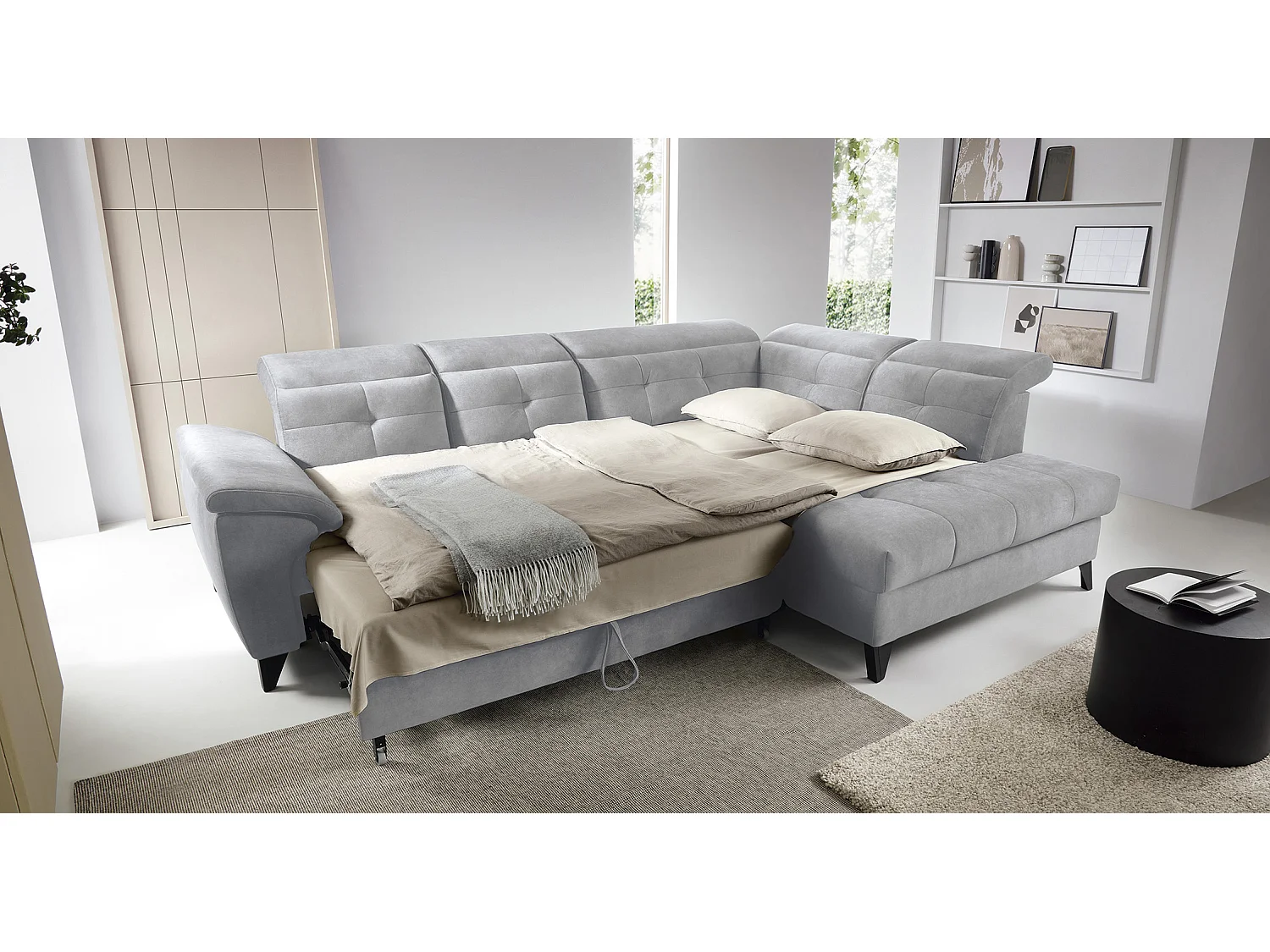 Canapé d'angle convertible tissu velouté KARIN - Coffre et appuis-tête réglables-Gris clair-angle droit