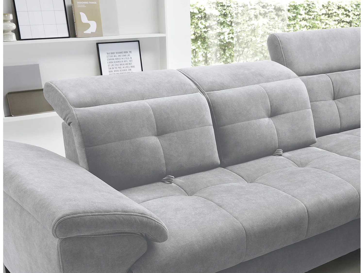 Canapé d'angle convertible tissu velouté KARIN - Coffre et appuis-tête réglables-Gris clair-angle droit