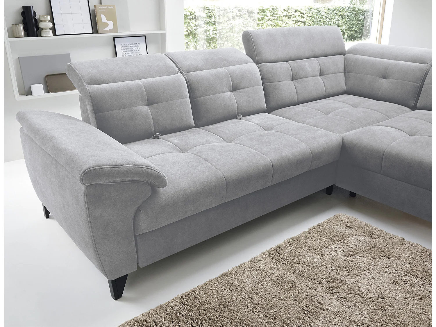 Canapé d'angle convertible tissu velouté KARIN - Coffre et appuis-tête réglables-Gris clair-angle droit