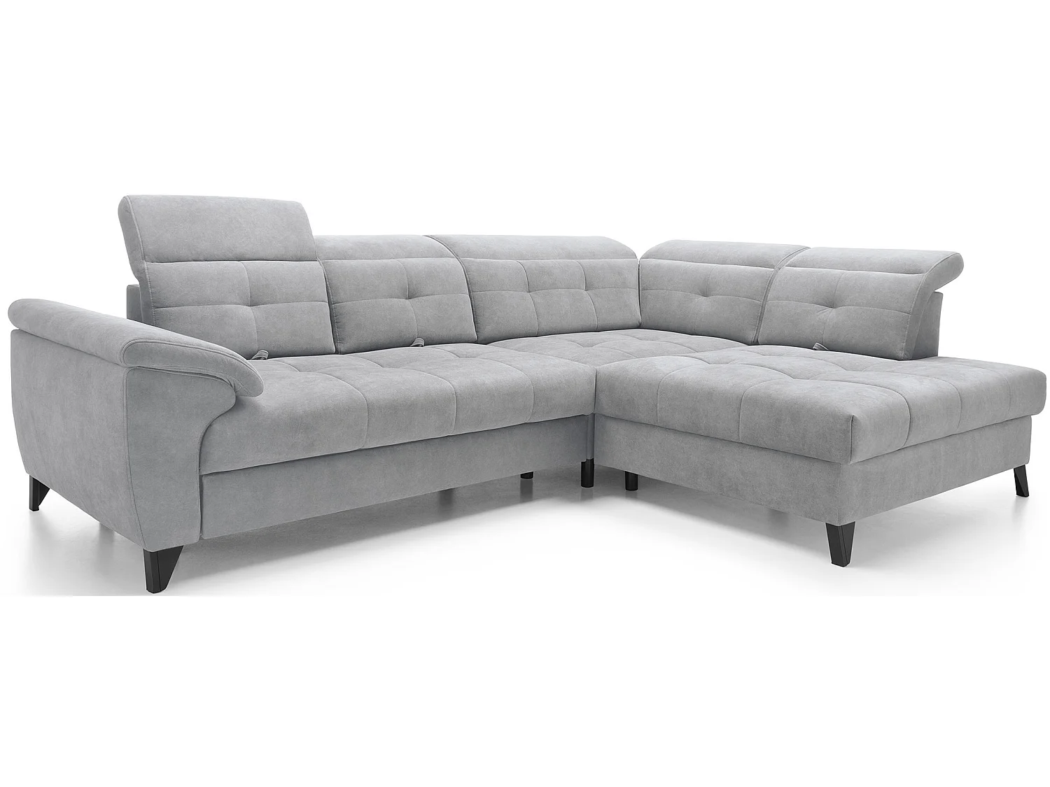 Canapé d'angle convertible tissu velouté KARIN - Coffre et appuis-tête réglables-Gris clair-angle droit