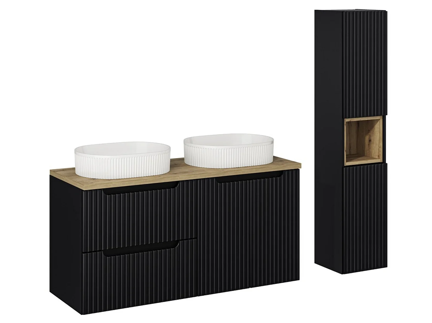 Ensemble salle de bain double vasque ovale blanche NOVA 150cm avec meubles suspendus et colonne-Noir