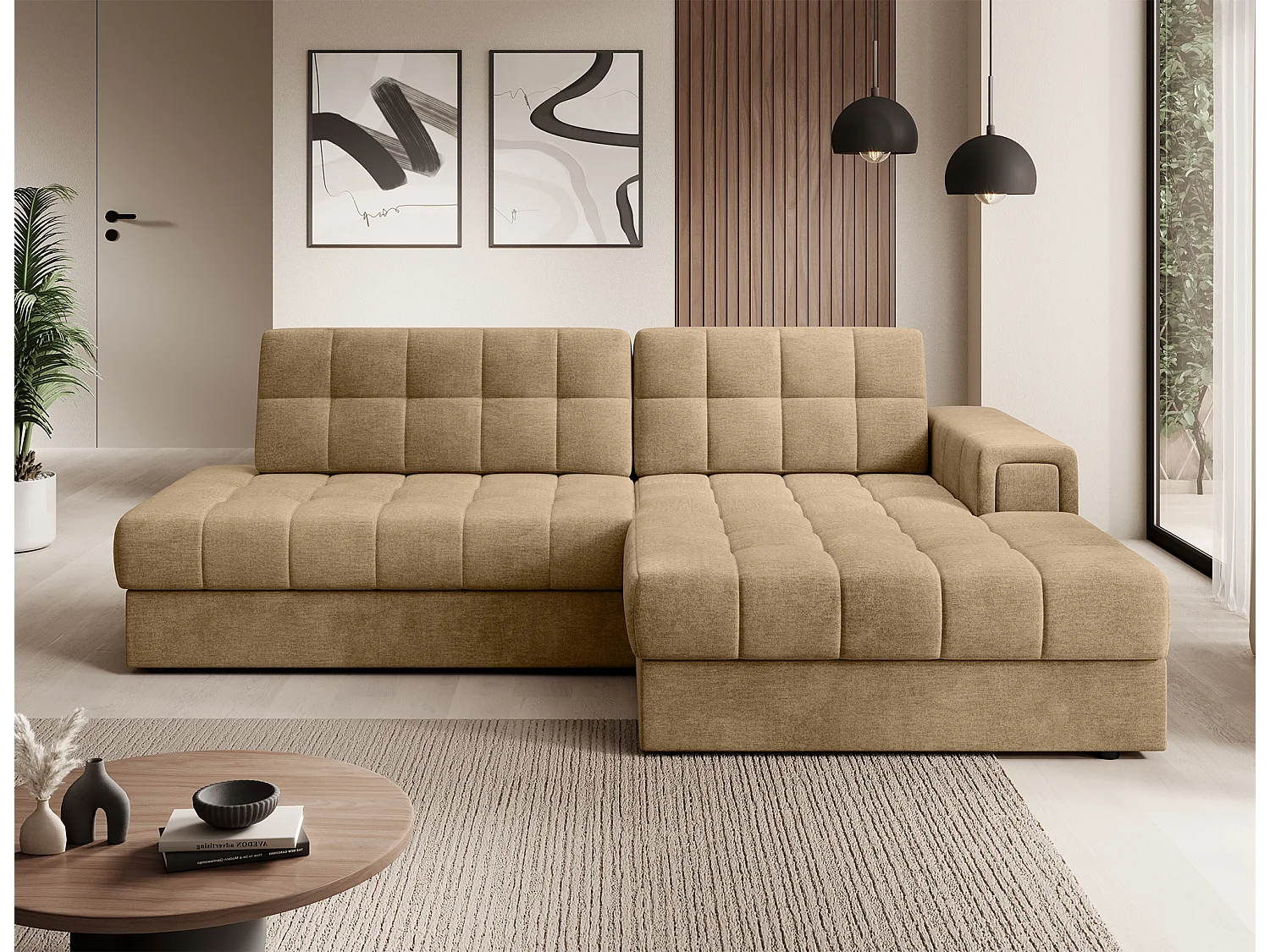 Canapé d’angle convertible KELLY en velours avec coffre – 240cm-Beige foncé-Méridienne A droite