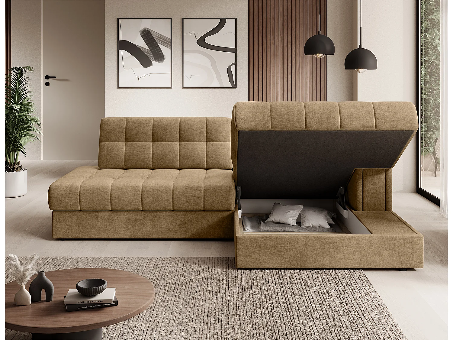 Canapé d’angle convertible KELLY en velours avec coffre – 240cm-Beige foncé-Méridienne A droite