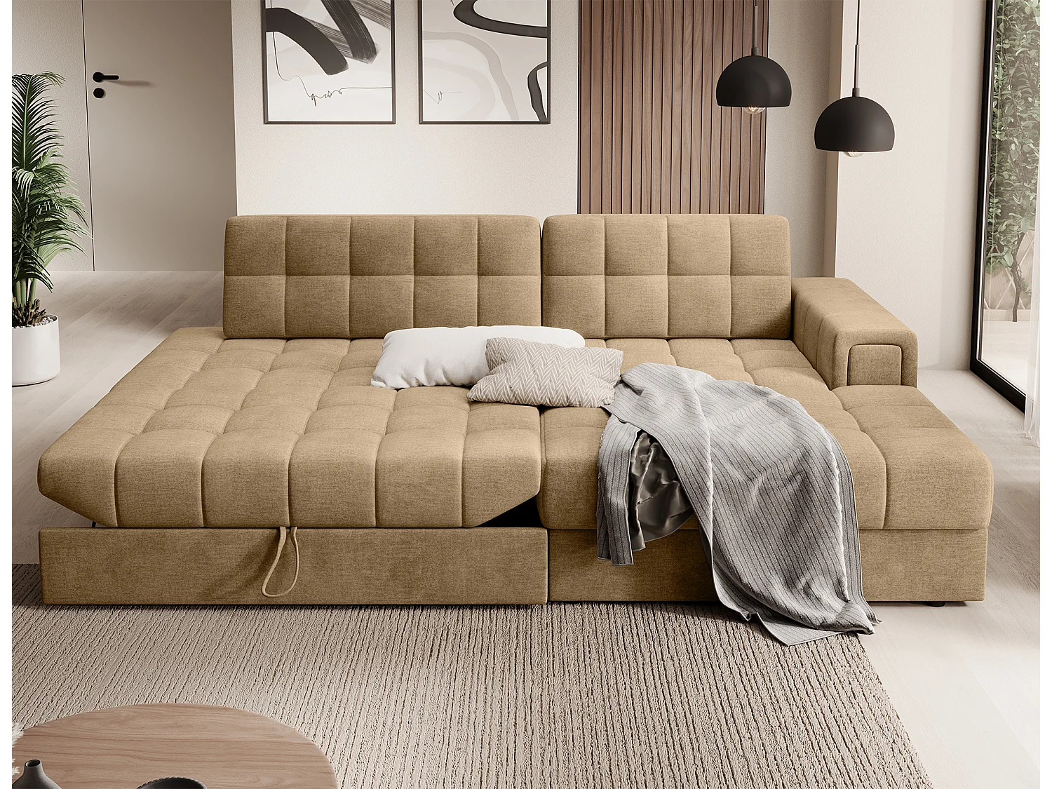 Canapé d’angle convertible KELLY en velours avec coffre – 240cm-Beige foncé-Méridienne A droite