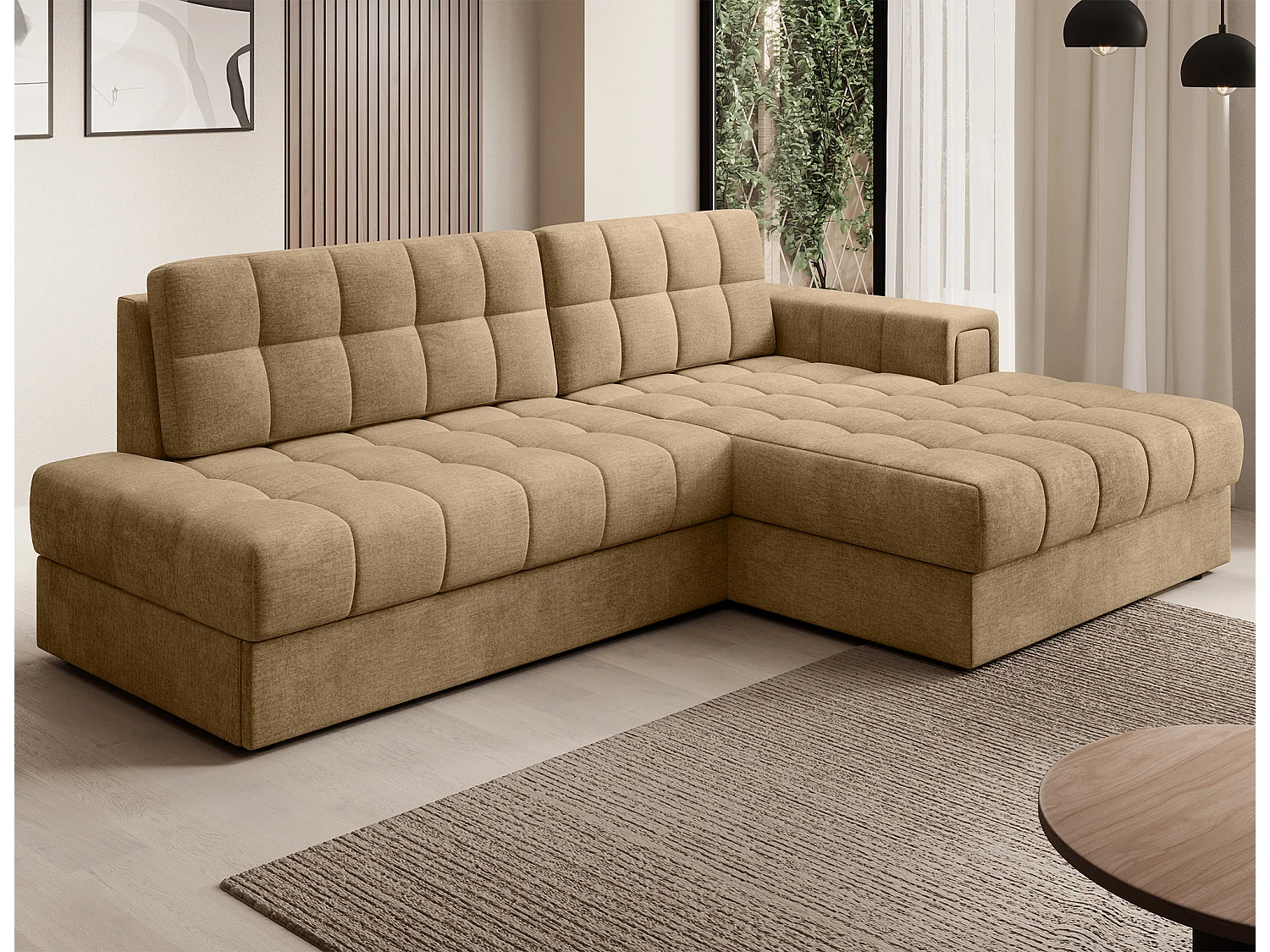 Canapé d’angle convertible KELLY en velours avec coffre – 240cm-Beige foncé-Méridienne A droite
