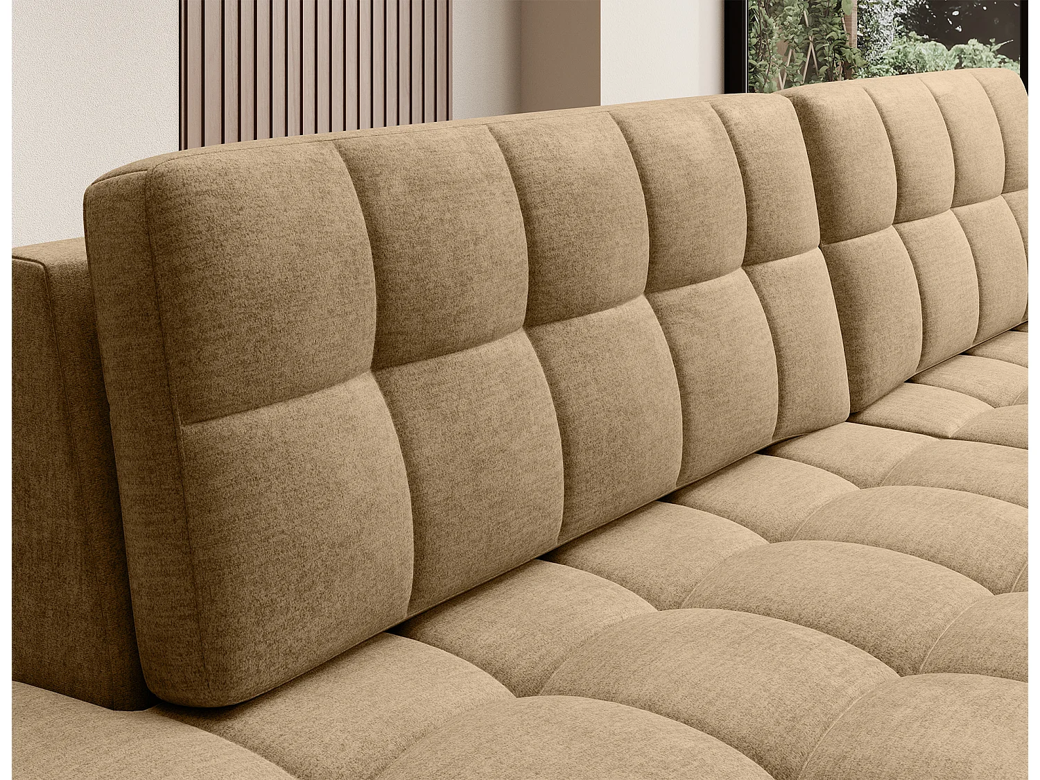 Canapé d’angle convertible KELLY en velours avec coffre – 240cm-Beige foncé-Méridienne A droite