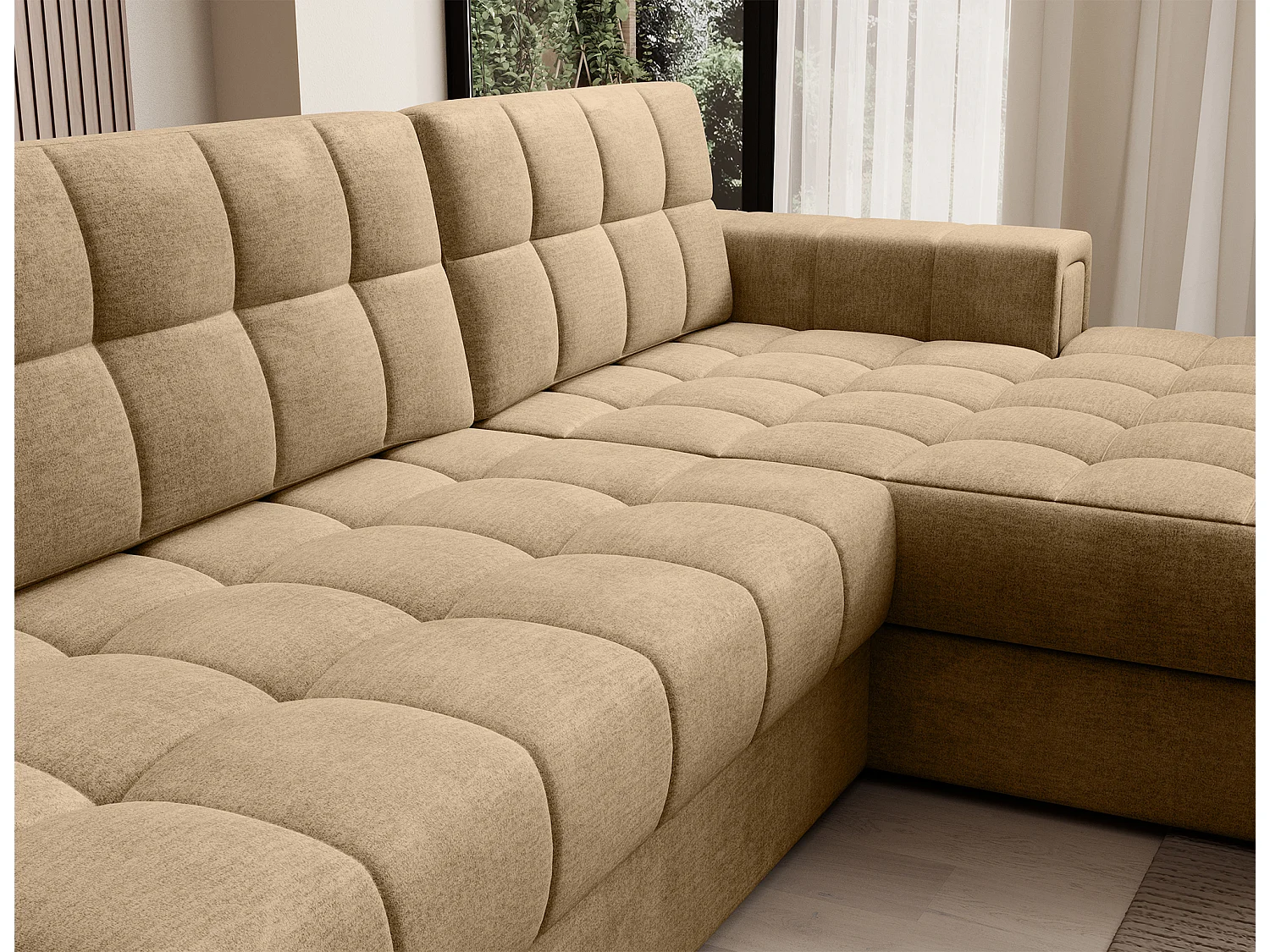 Canapé d’angle convertible KELLY en velours avec coffre – 240cm-Beige foncé-Méridienne A droite