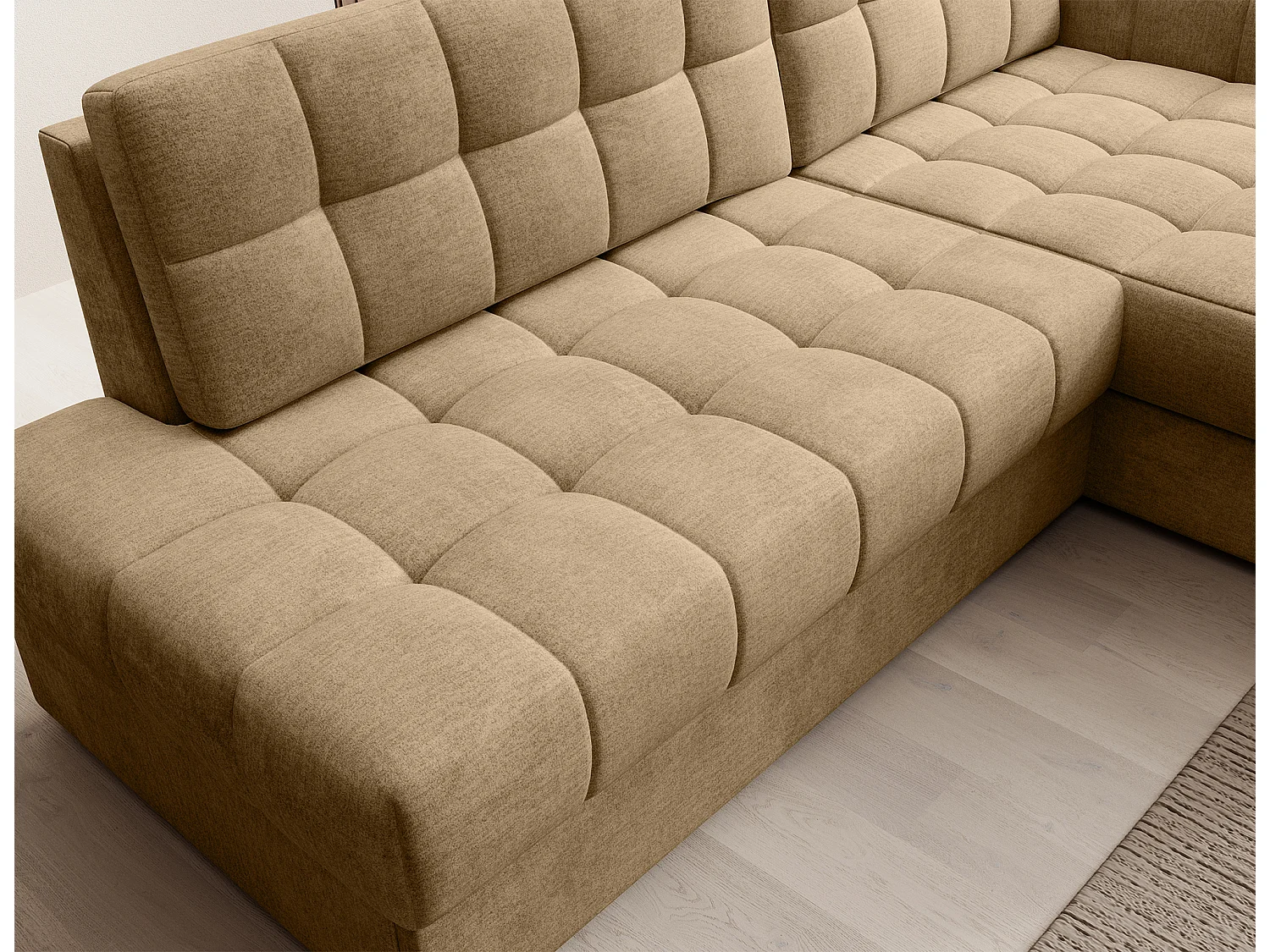 Canapé d’angle convertible KELLY en velours avec coffre – 240cm-Beige foncé-Méridienne A droite