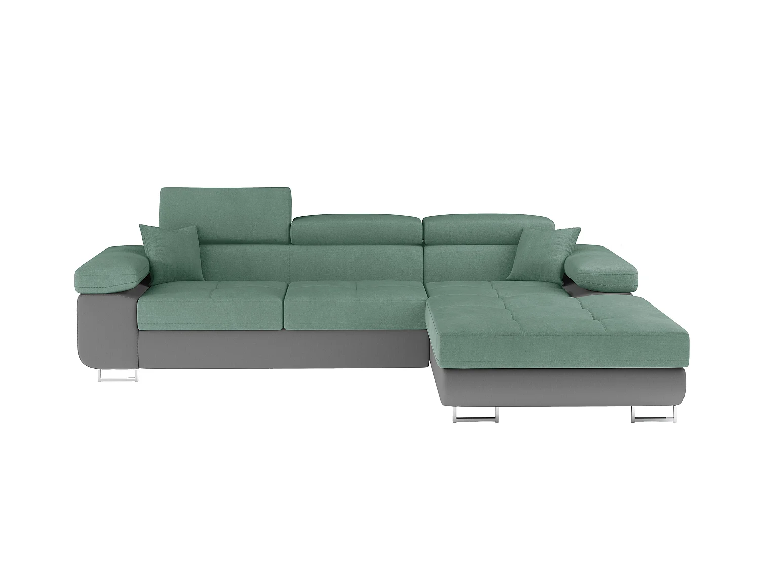 Sofá esquinero convertible KALIZO con reposacabezas regulables - Base y patas de acero cromado-99958f/Verde claro-Ángulos rectos