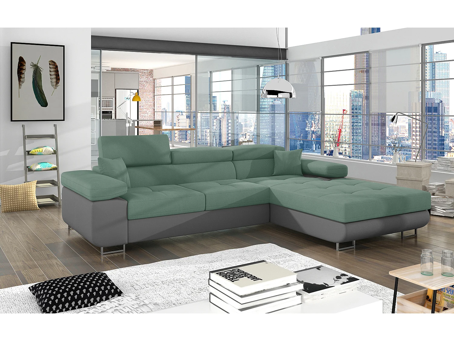 Sofá esquinero convertible KALIZO con reposacabezas regulables - Base y patas de acero cromado-99958f/Verde claro-Ángulos rectos