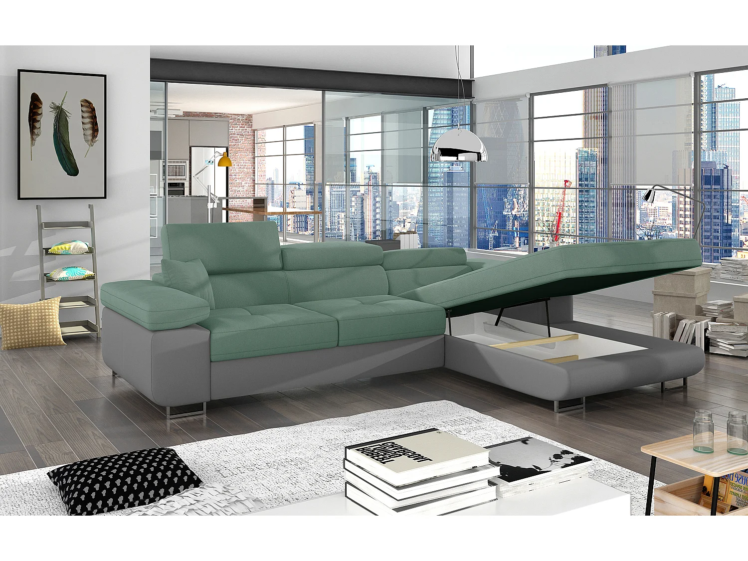 Sofá esquinero convertible KALIZO con reposacabezas regulables - Base y patas de acero cromado-99958f/Verde claro-Ángulos rectos