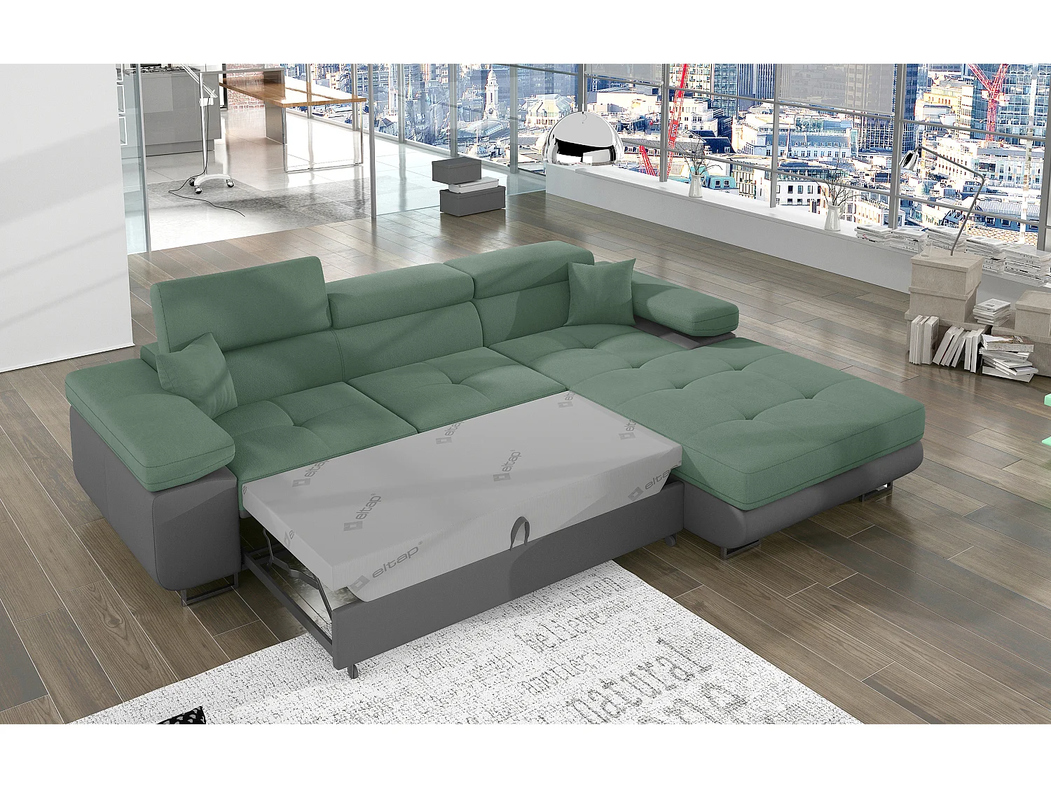 Sofá esquinero convertible KALIZO con reposacabezas regulables - Base y patas de acero cromado-99958f/Verde claro-Ángulos rectos
