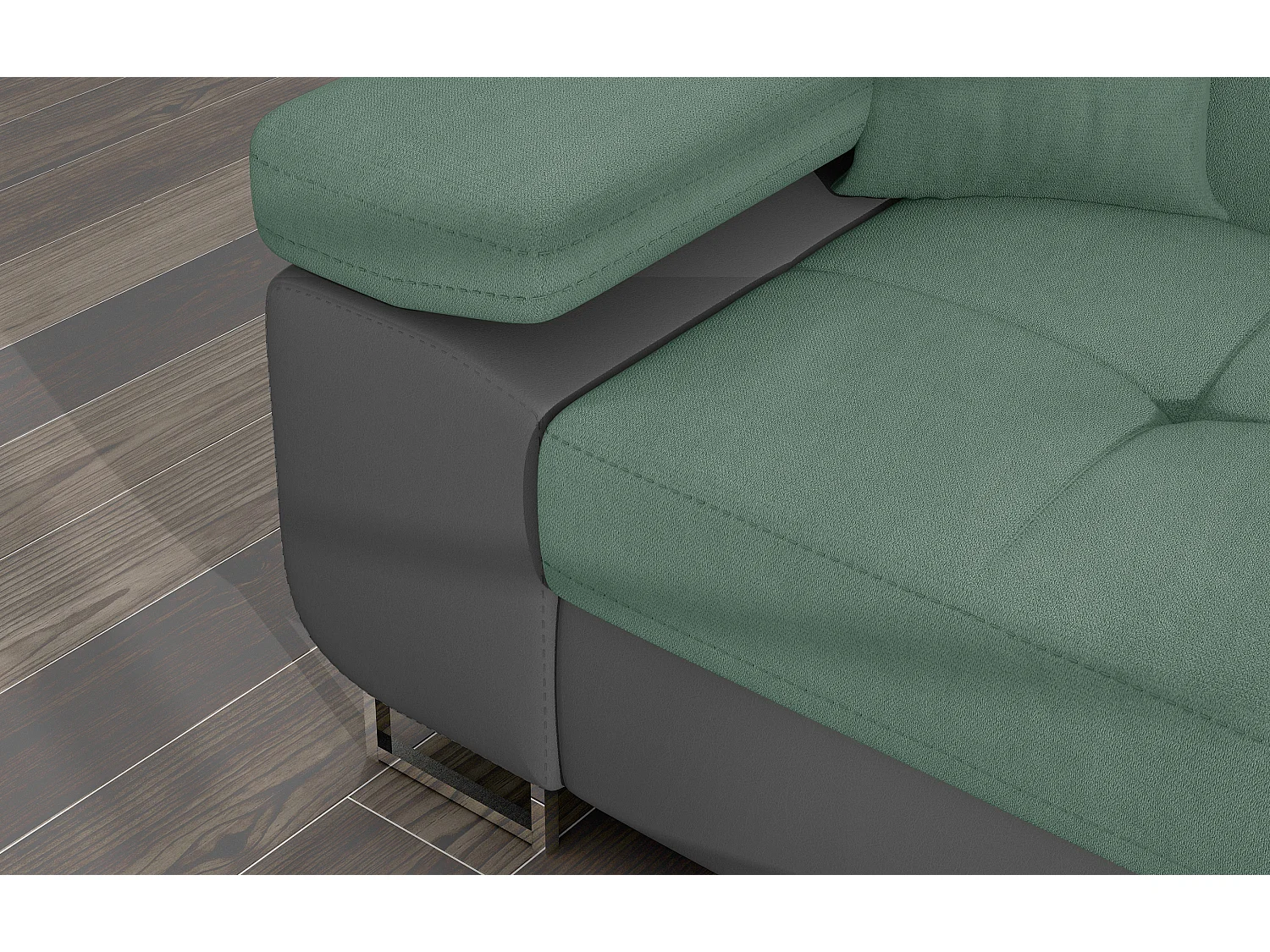 Sofá esquinero convertible KALIZO con reposacabezas regulables - Base y patas de acero cromado-99958f/Verde claro-Ángulos rectos