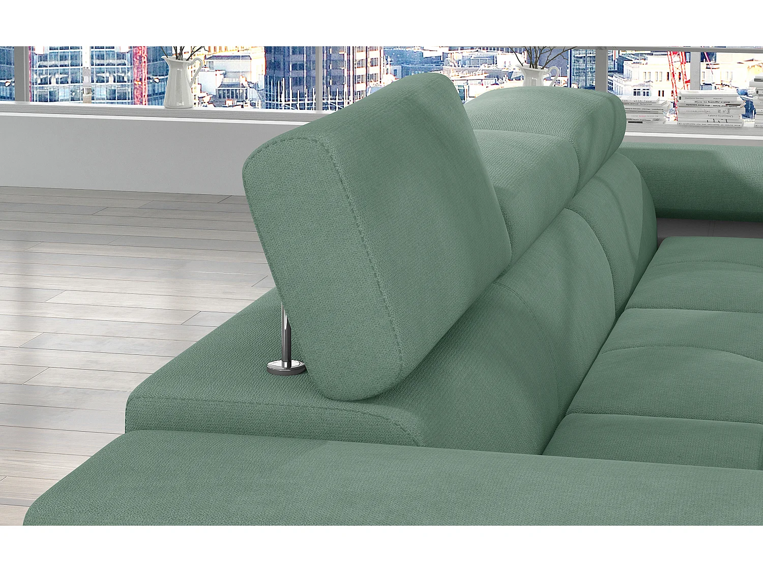 Sofá esquinero convertible KALIZO con reposacabezas regulables - Base y patas de acero cromado-99958f/Verde claro-Ángulos rectos