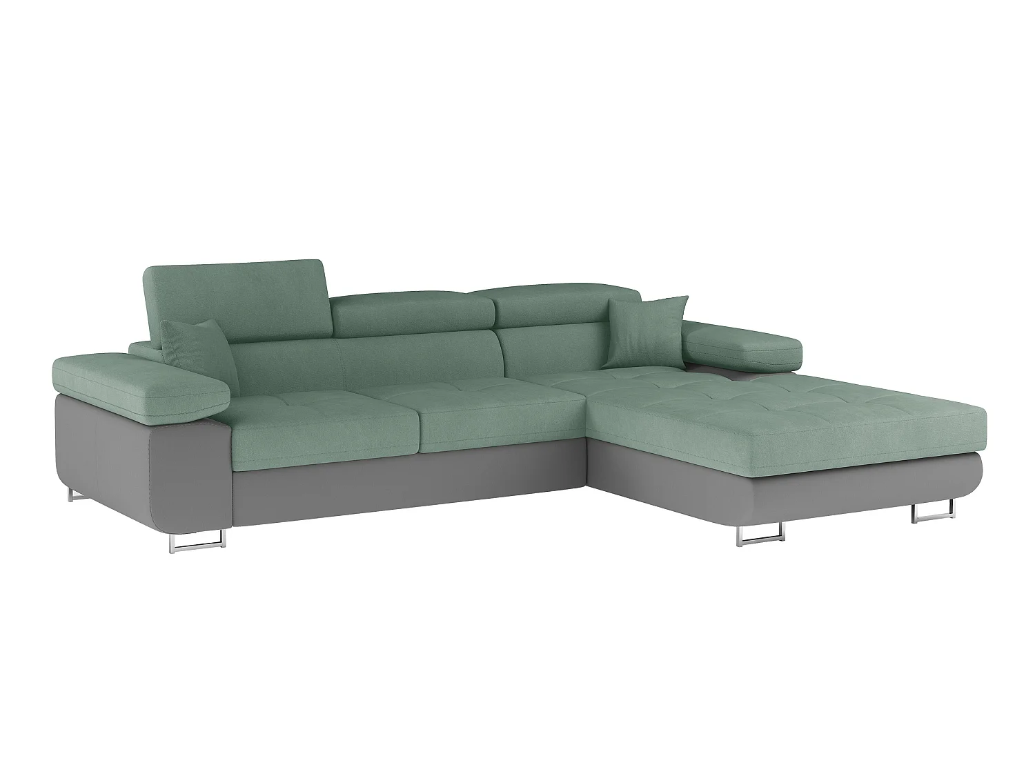Sofá esquinero convertible KALIZO con reposacabezas regulables - Base y patas de acero cromado-99958f/Verde claro-Ángulos rectos