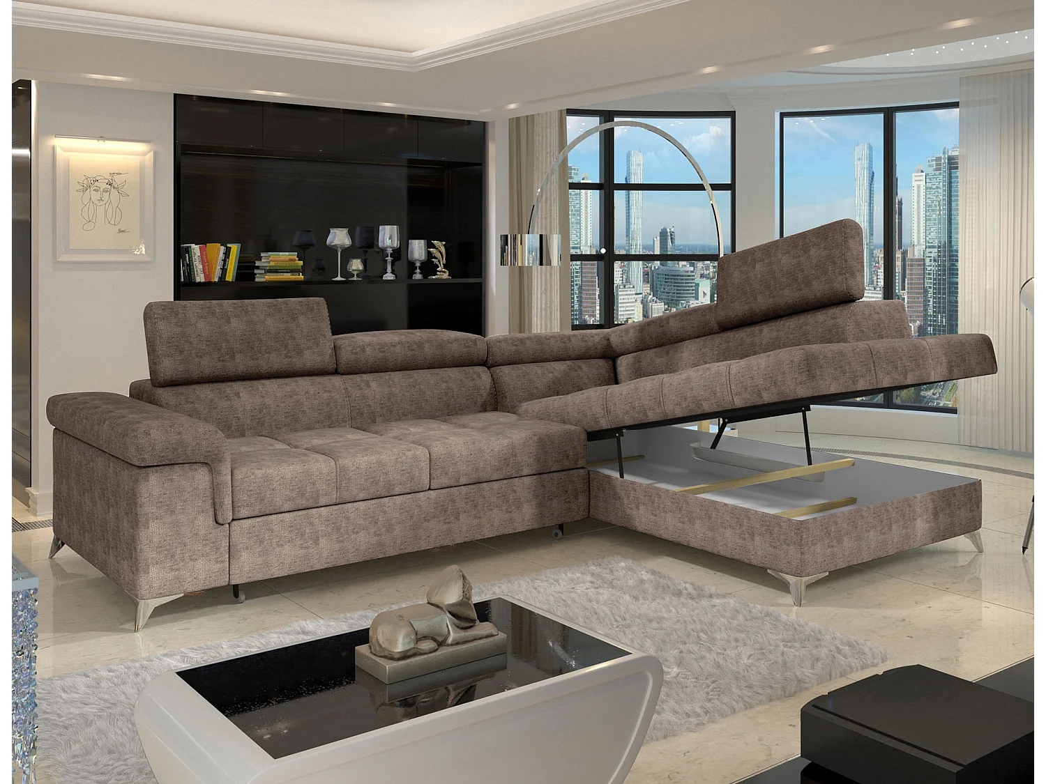 Canapé d’angle convertible MARIDO en tissu avec coffre et têtières réglables – 275cm-Marron clair-angle droit
