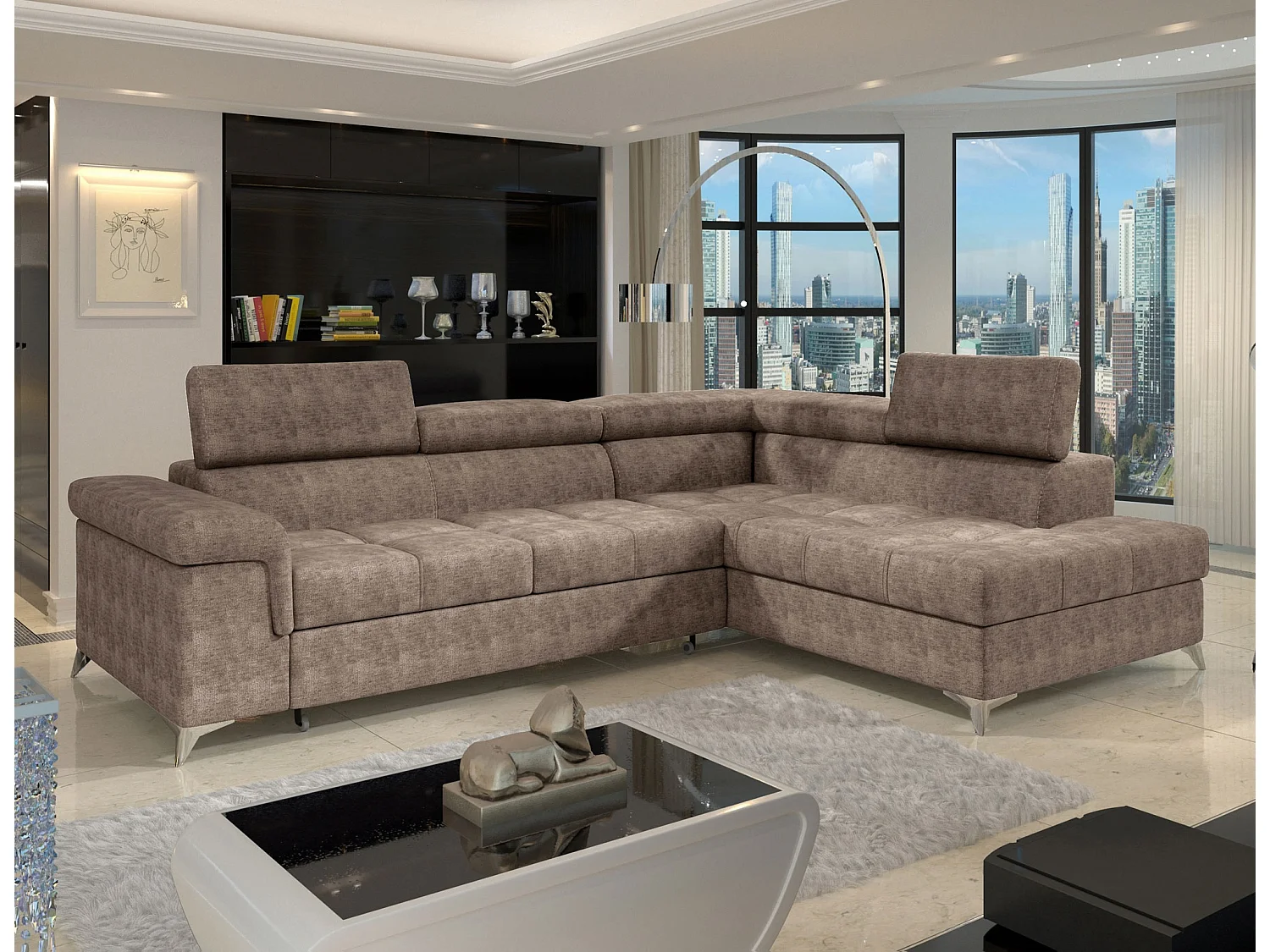 Canapé d’angle convertible MARIDO en tissu avec coffre et têtières réglables – 275cm-Marron clair-angle droit
