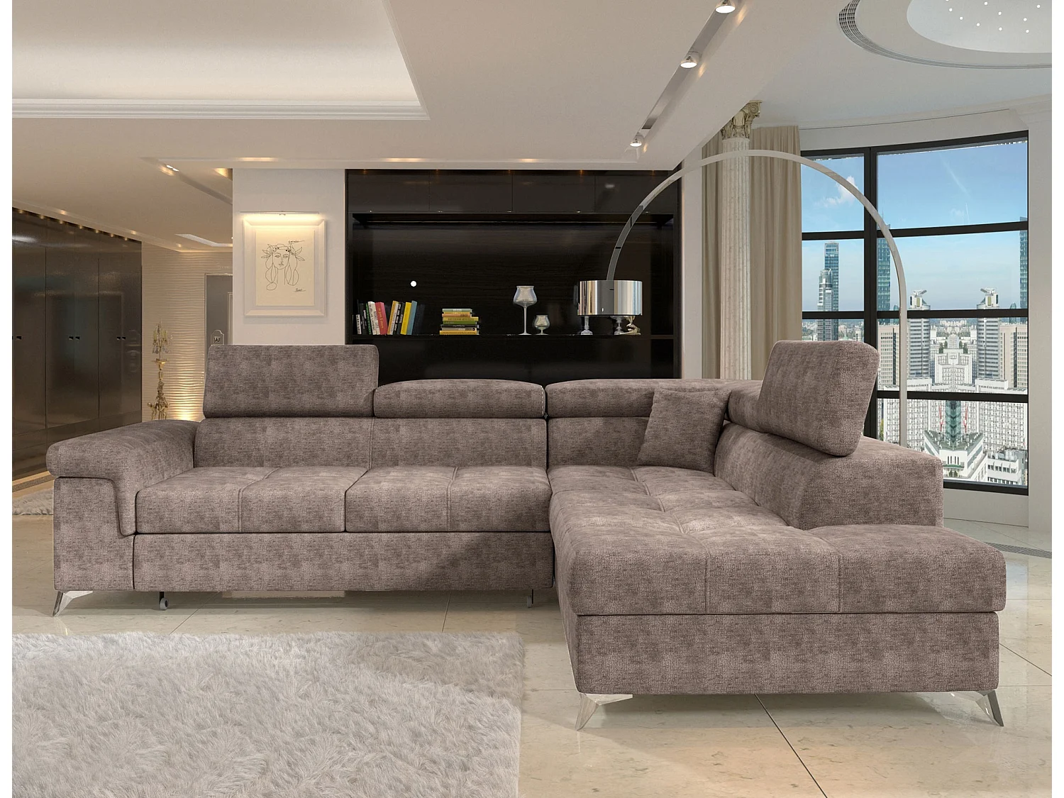 Canapé d’angle convertible MARIDO en tissu avec coffre et têtières réglables – 275cm-Marron clair-angle droit