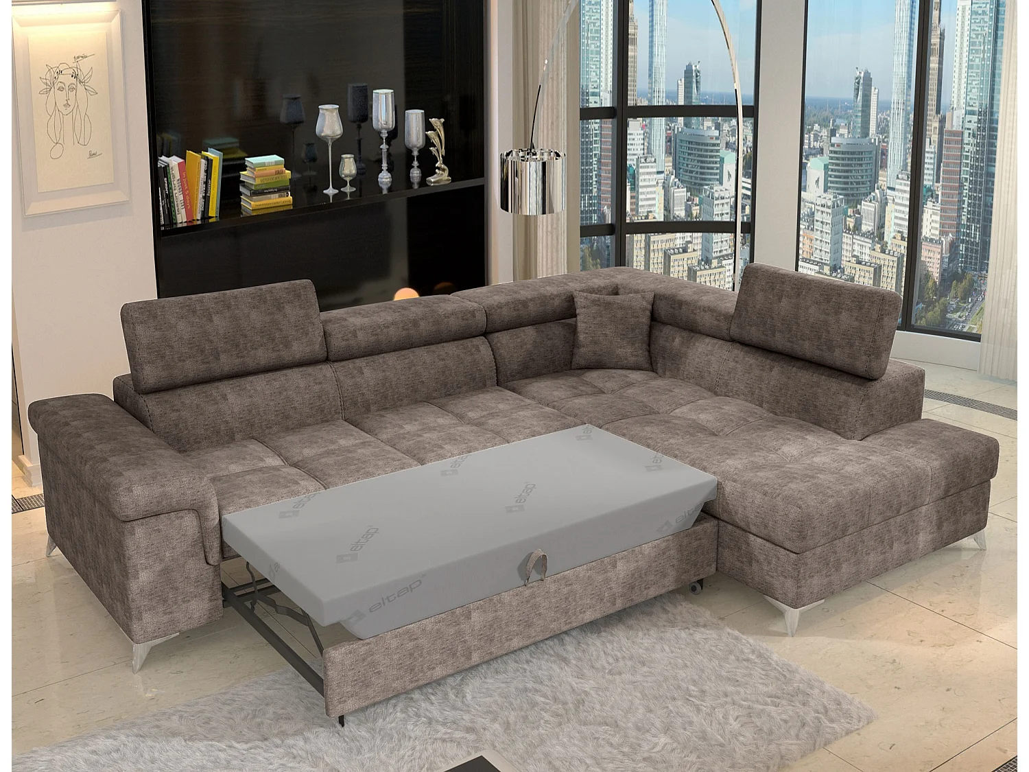 Canapé d’angle convertible MARIDO en tissu avec coffre et têtières réglables – 275cm-Marron clair-angle droit