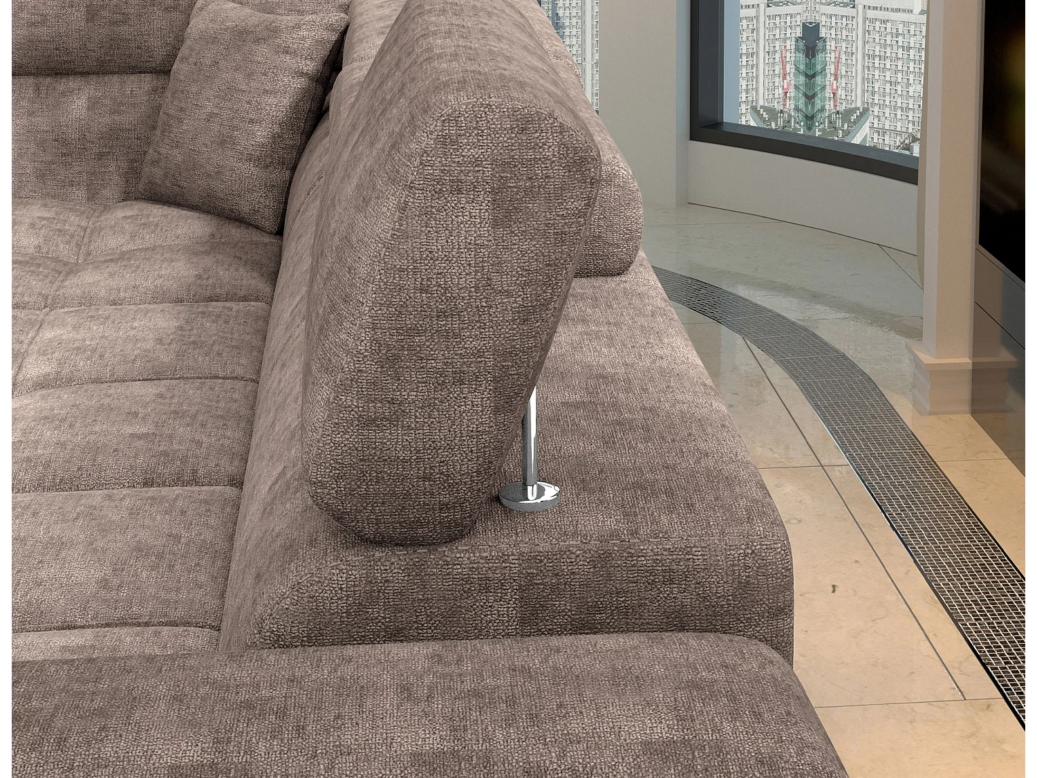 Canapé d’angle convertible MARIDO en tissu avec coffre et têtières réglables – 275cm-Marron clair-angle droit
