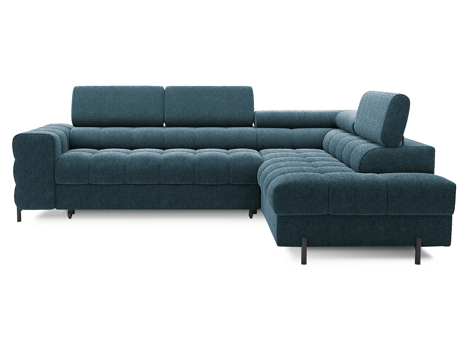 Canapé d’angle convertible LUCCINO en tissu avec coffre, têtières réglables et pieds en métal noir – 276cm-Bleu canard-angle droit
