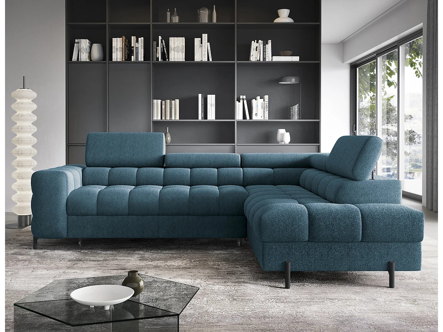 Canapé d’angle convertible LUCCINO en tissu avec coffre, têtières réglables et pieds en métal noir – 276cm-Bleu canard-angle droit