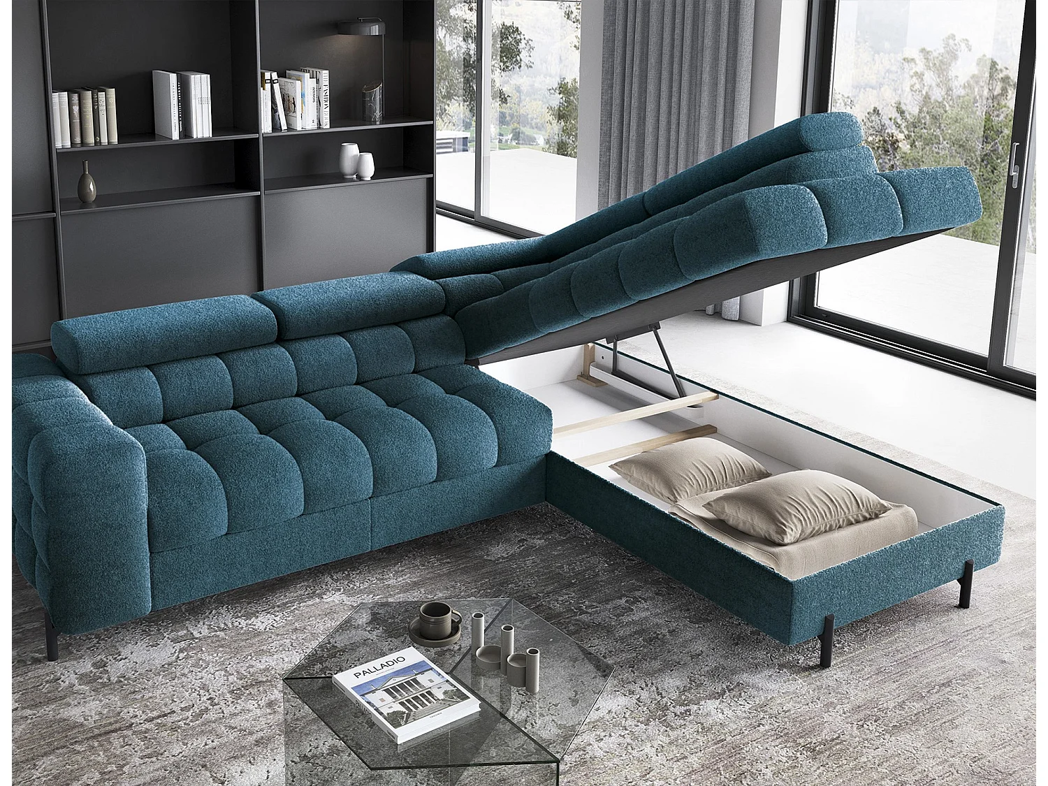 Canapé d’angle convertible LUCCINO en tissu avec coffre, têtières réglables et pieds en métal noir – 276cm-Bleu canard-angle droit