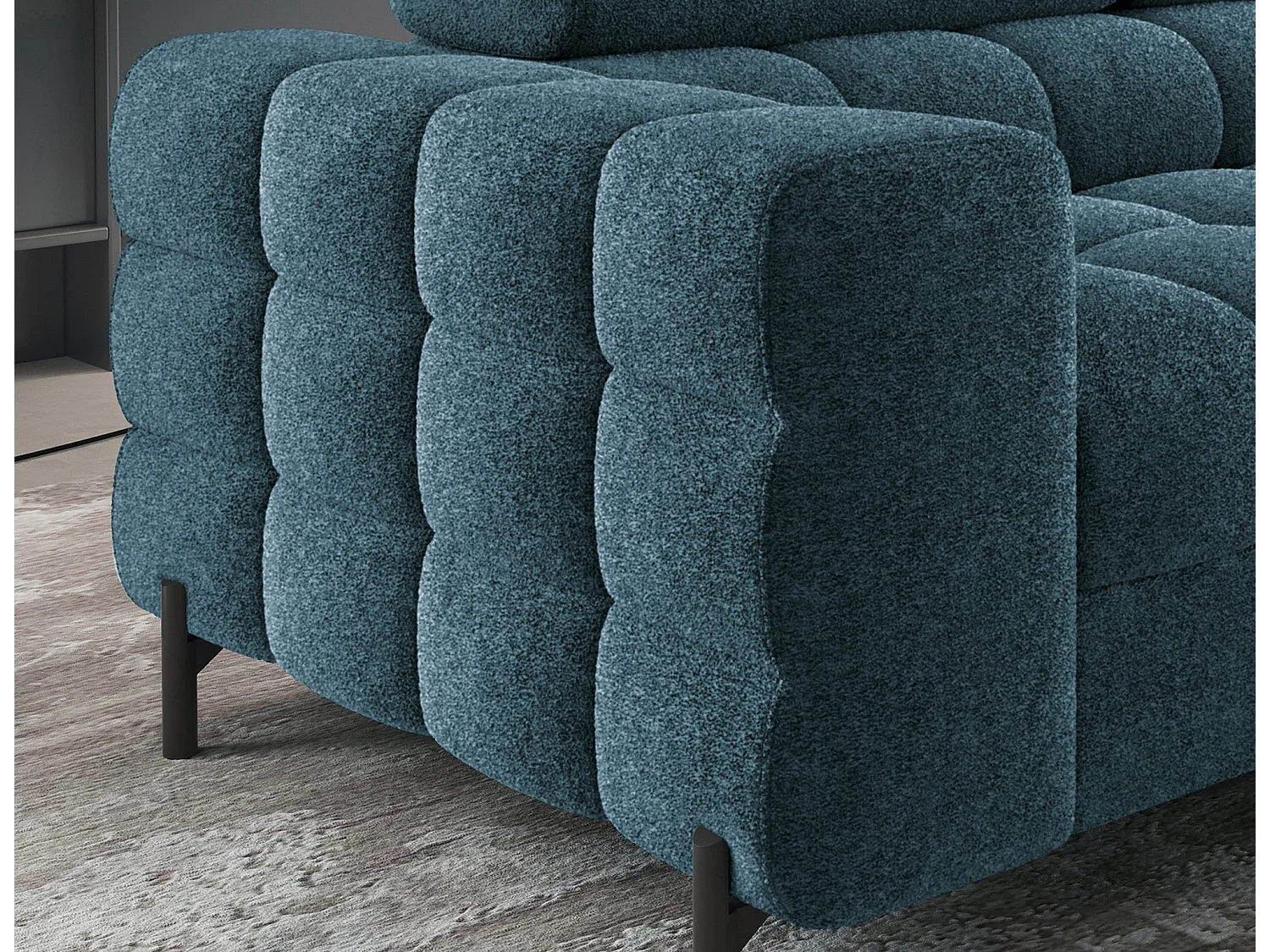 Canapé d’angle convertible LUCCINO en tissu avec coffre, têtières réglables et pieds en métal noir – 276cm-Bleu canard-angle droit