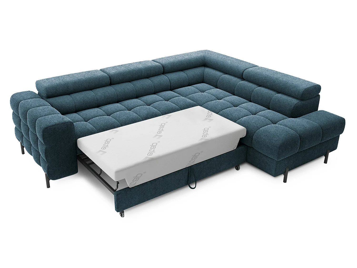 Canapé d’angle convertible LUCCINO en tissu avec coffre, têtières réglables et pieds en métal noir – 276cm-Bleu canard-angle droit
