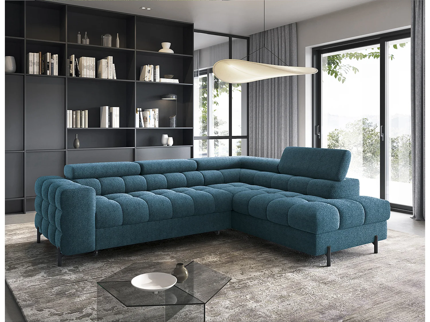 Canapé d’angle convertible LUCCINO en tissu avec coffre, têtières réglables et pieds en métal noir – 276cm-Bleu canard-angle droit