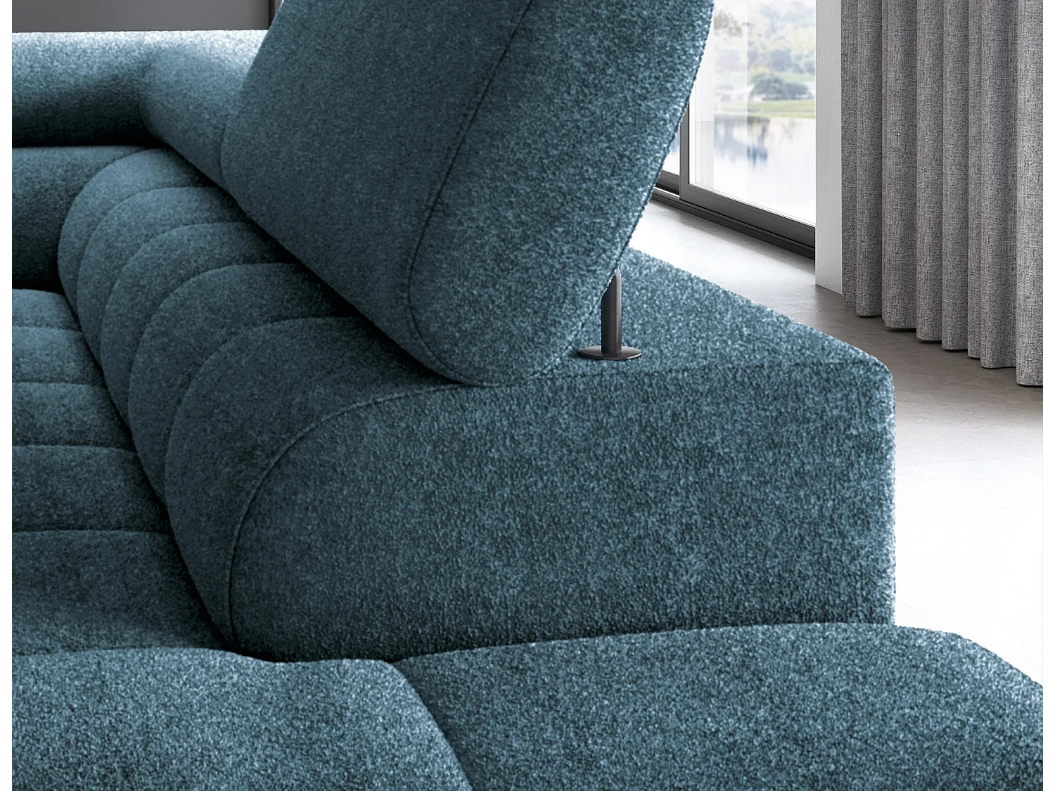 Canapé d’angle convertible LUCCINO en tissu avec coffre, têtières réglables et pieds en métal noir – 276cm-Bleu canard-angle droit