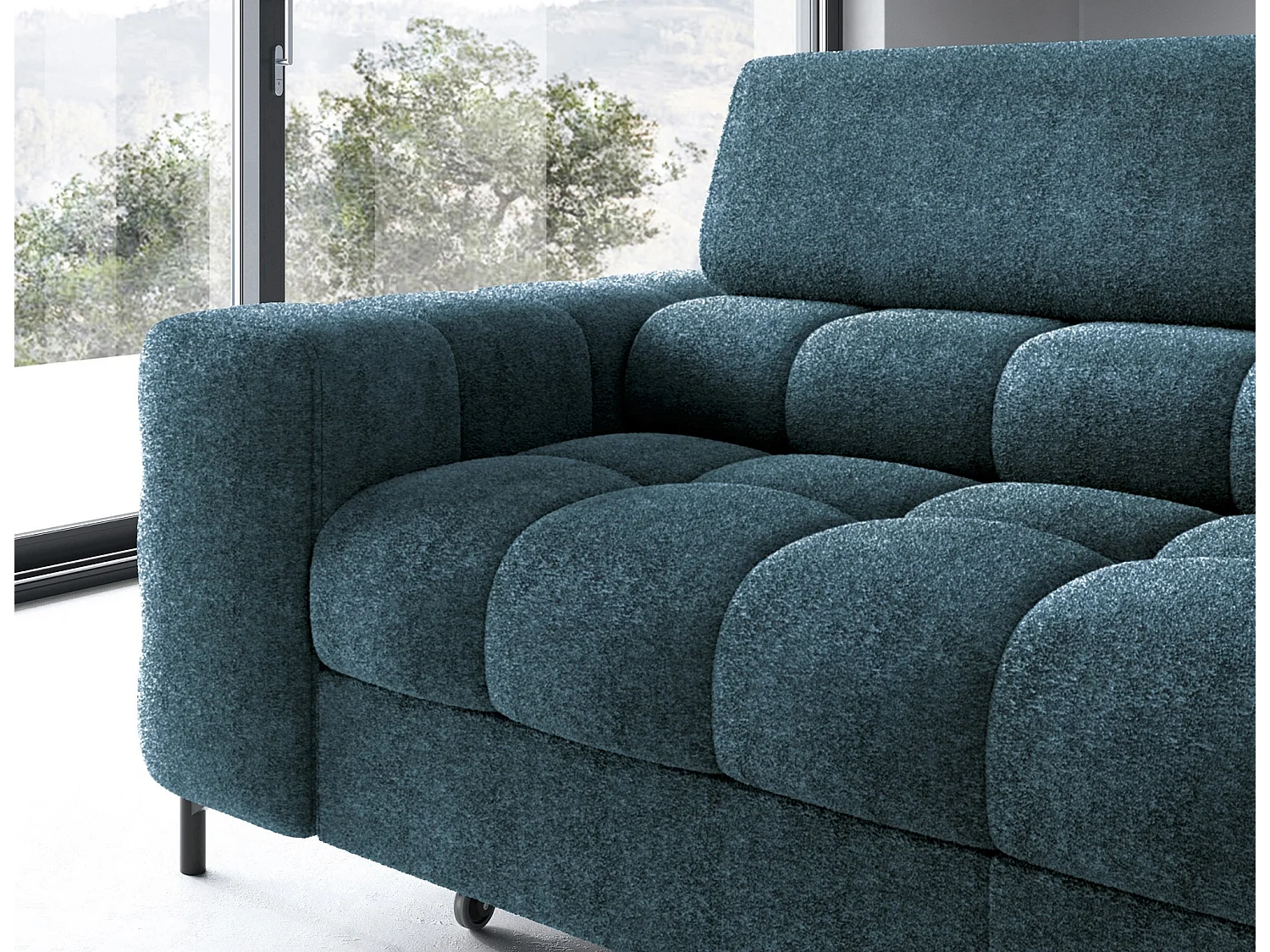 Canapé d’angle convertible LUCCINO en tissu avec coffre, têtières réglables et pieds en métal noir – 276cm-Bleu canard-angle droit