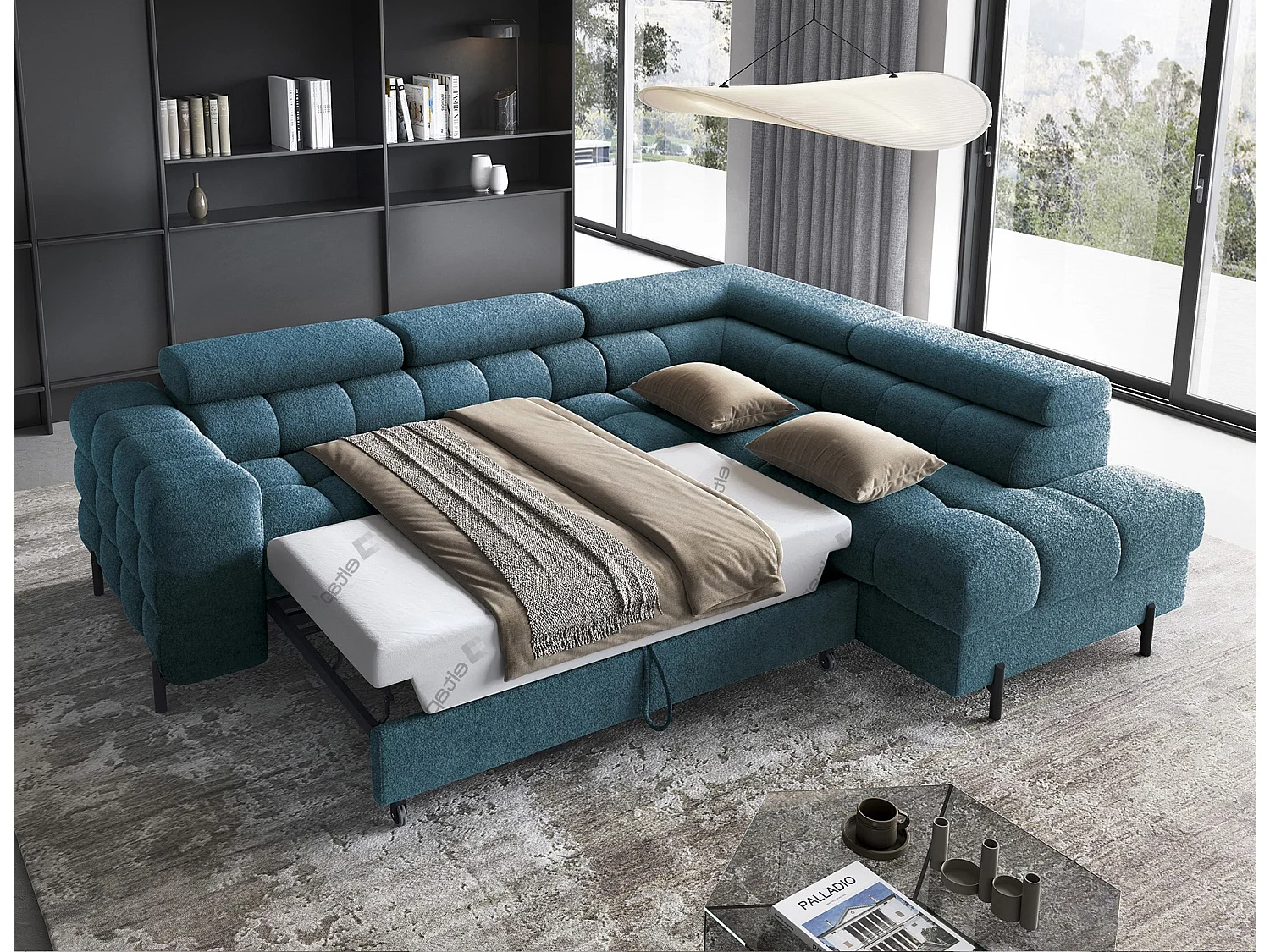 Canapé d’angle convertible LUCCINO en tissu avec coffre, têtières réglables et pieds en métal noir – 276cm-Bleu canard-angle droit