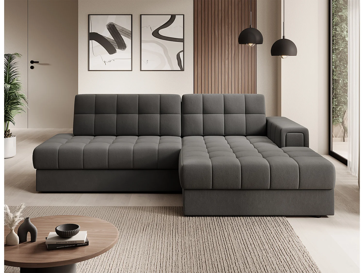 Canapé d’angle convertible KELLY en velours avec coffre – 240cm-Gris-Méridienne A droite