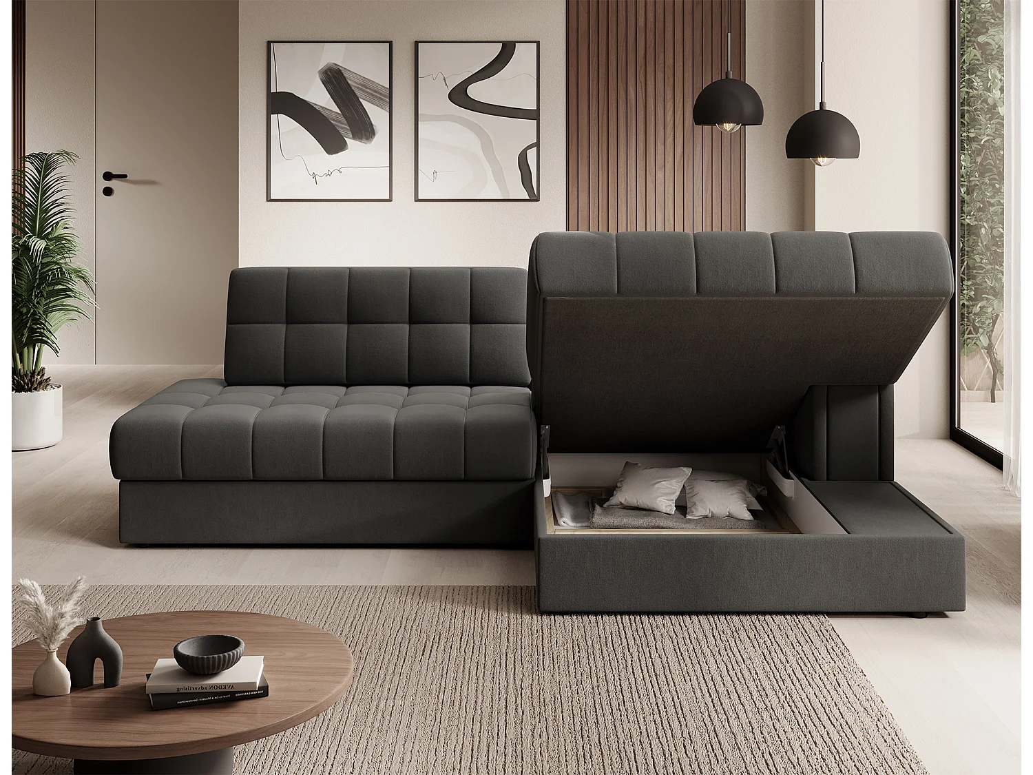 Canapé d’angle convertible KELLY en velours avec coffre – 240cm-Gris-Méridienne A droite