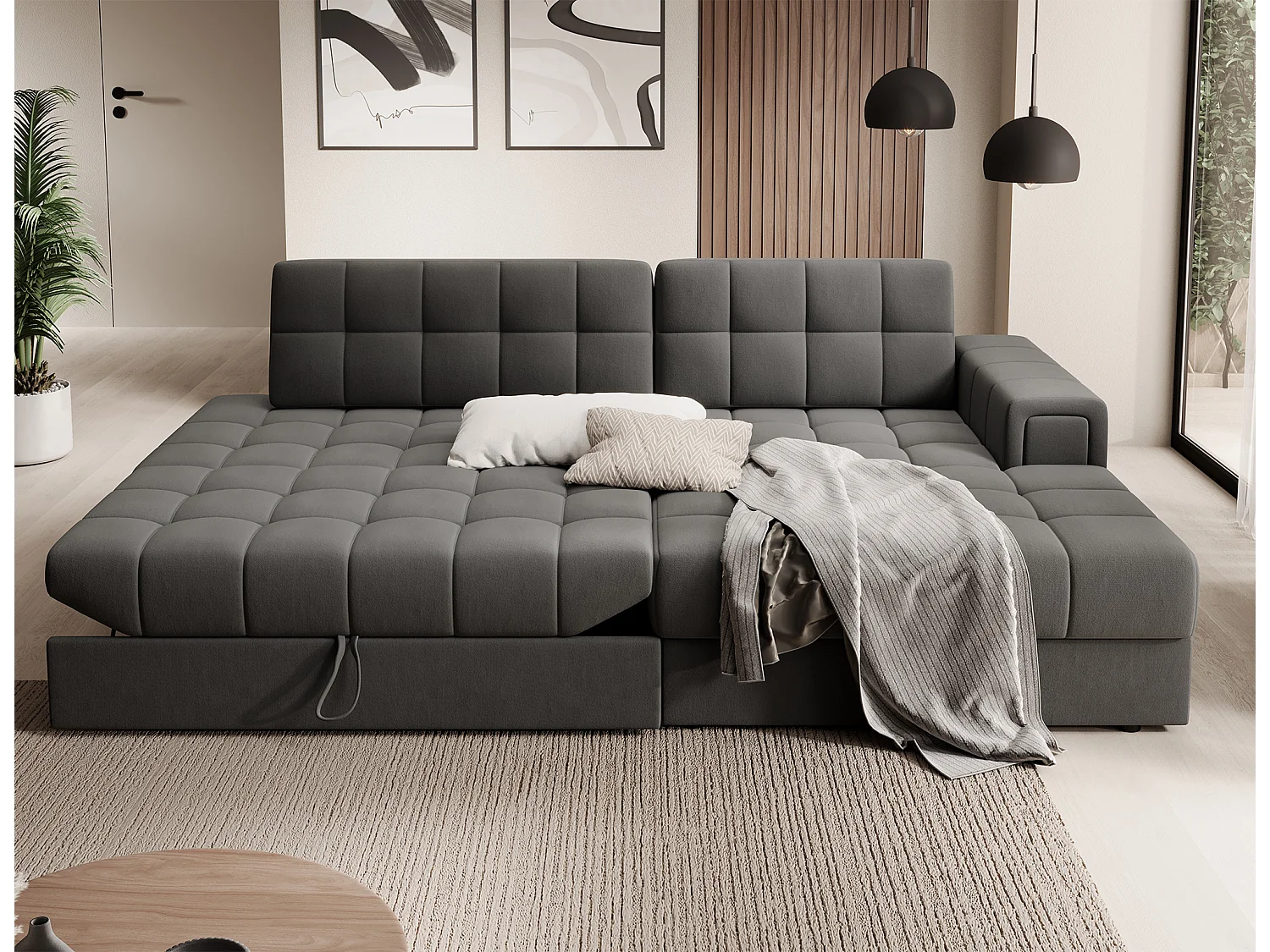 Canapé d’angle convertible KELLY en velours avec coffre – 240cm-Gris-Méridienne A droite