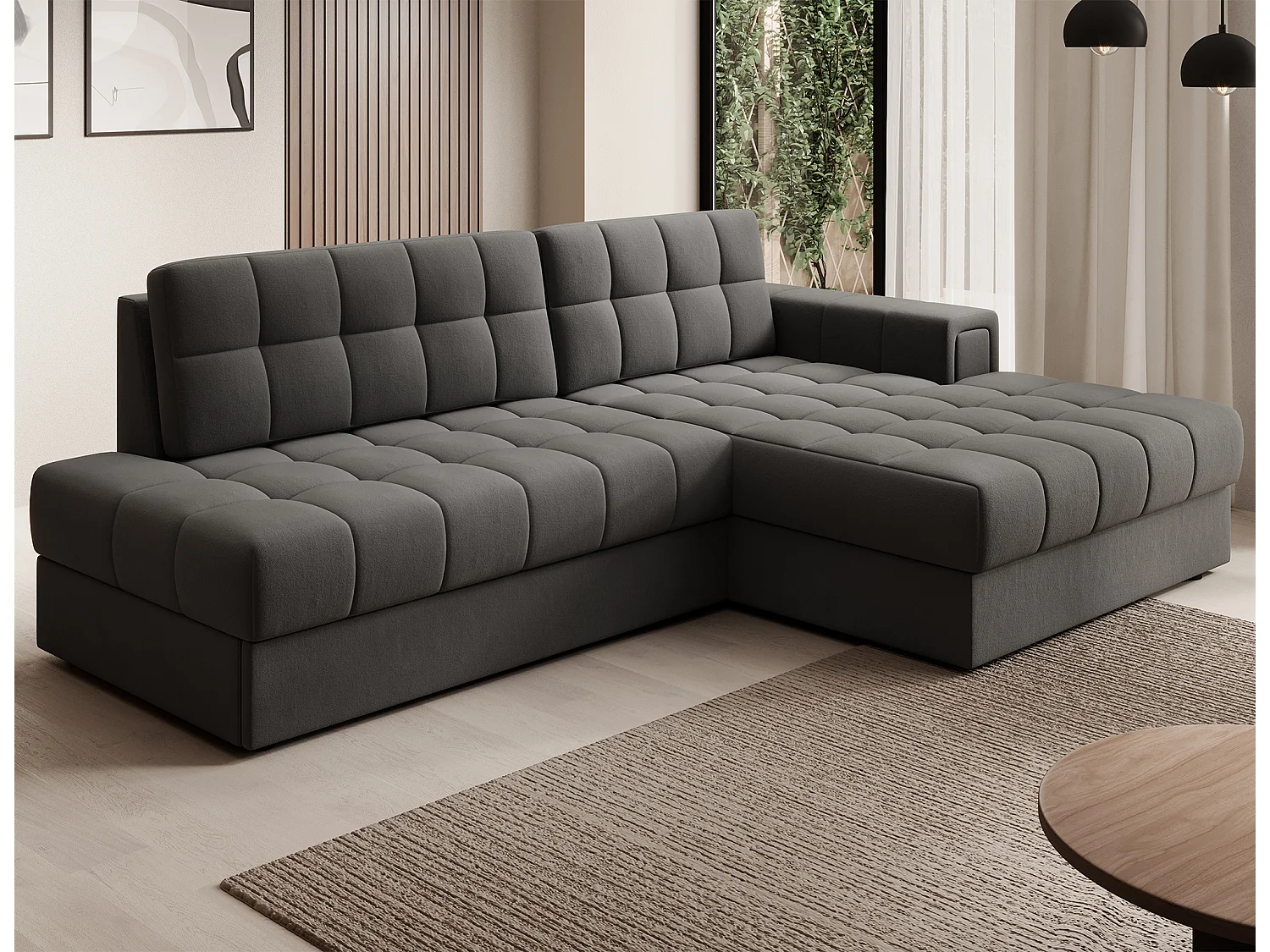 Canapé d’angle convertible KELLY en velours avec coffre – 240cm-Gris-Méridienne A droite