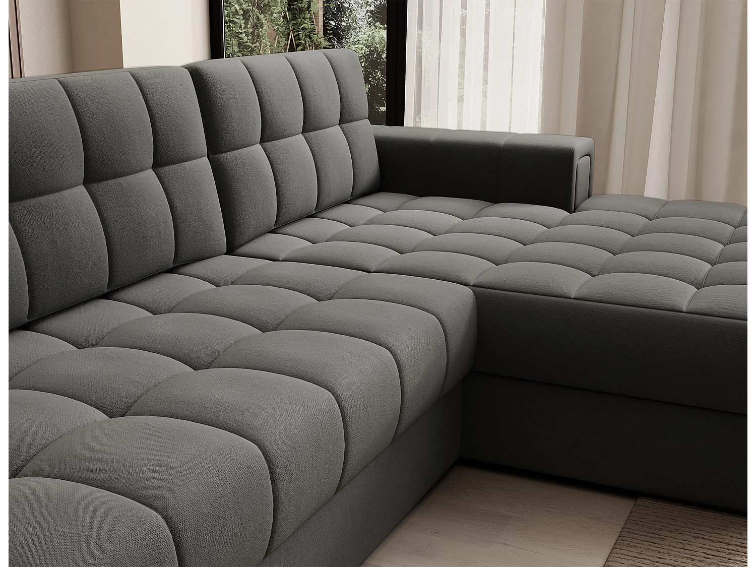 Canapé d’angle convertible KELLY en velours avec coffre – 240cm-Gris-Méridienne A droite