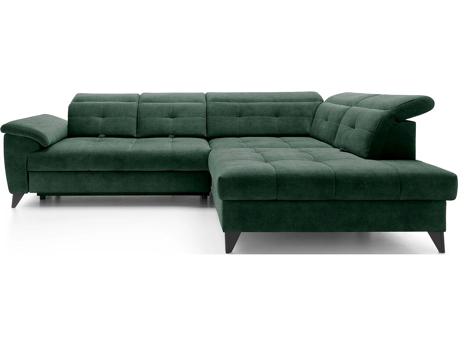 Canapé d'angle convertible tissu velouté KARIN - Coffre et appuis-tête réglables-Vert foncé-angle droit