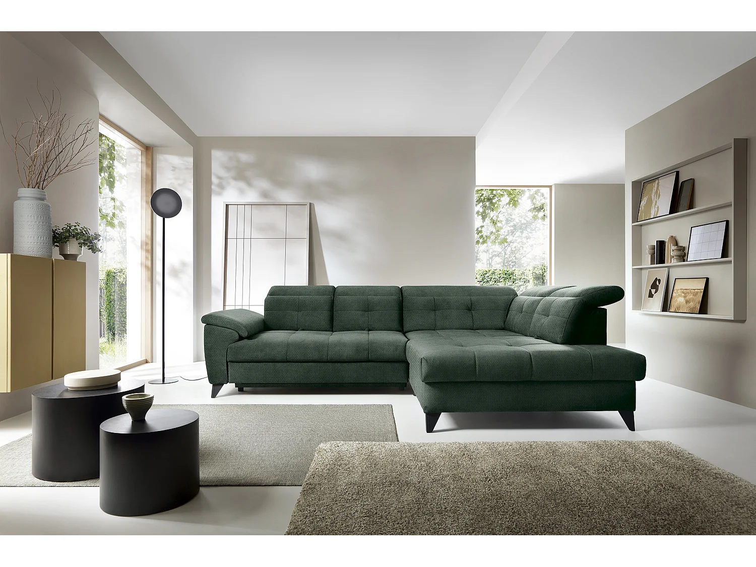 Canapé d'angle convertible tissu velouté KARIN - Coffre et appuis-tête réglables-Vert foncé-angle droit