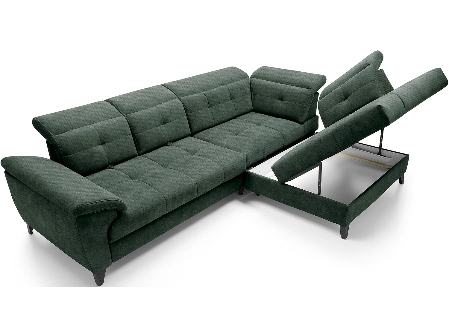 Canapé d'angle convertible tissu velouté KARIN - Coffre et appuis-tête réglables-Vert foncé-angle droit
