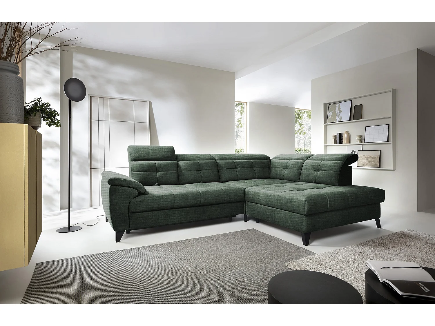 Canapé d'angle convertible tissu velouté KARIN - Coffre et appuis-tête réglables-Vert foncé-angle droit