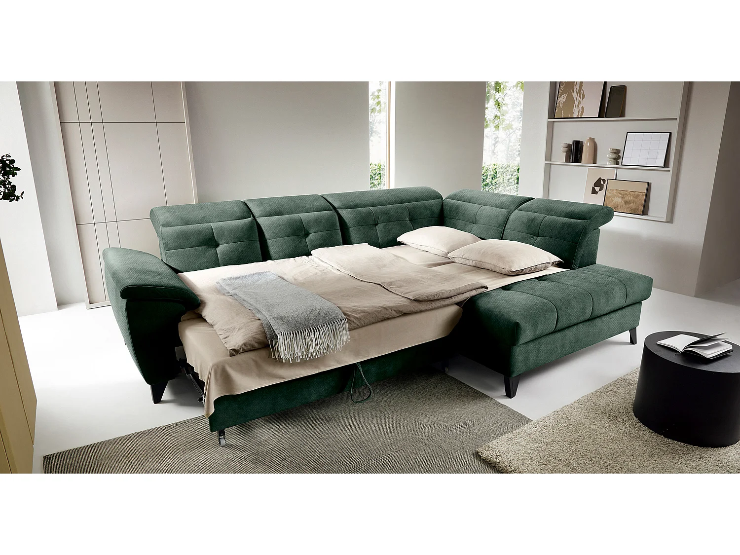 Canapé d'angle convertible tissu velouté KARIN - Coffre et appuis-tête réglables-Vert foncé-angle droit