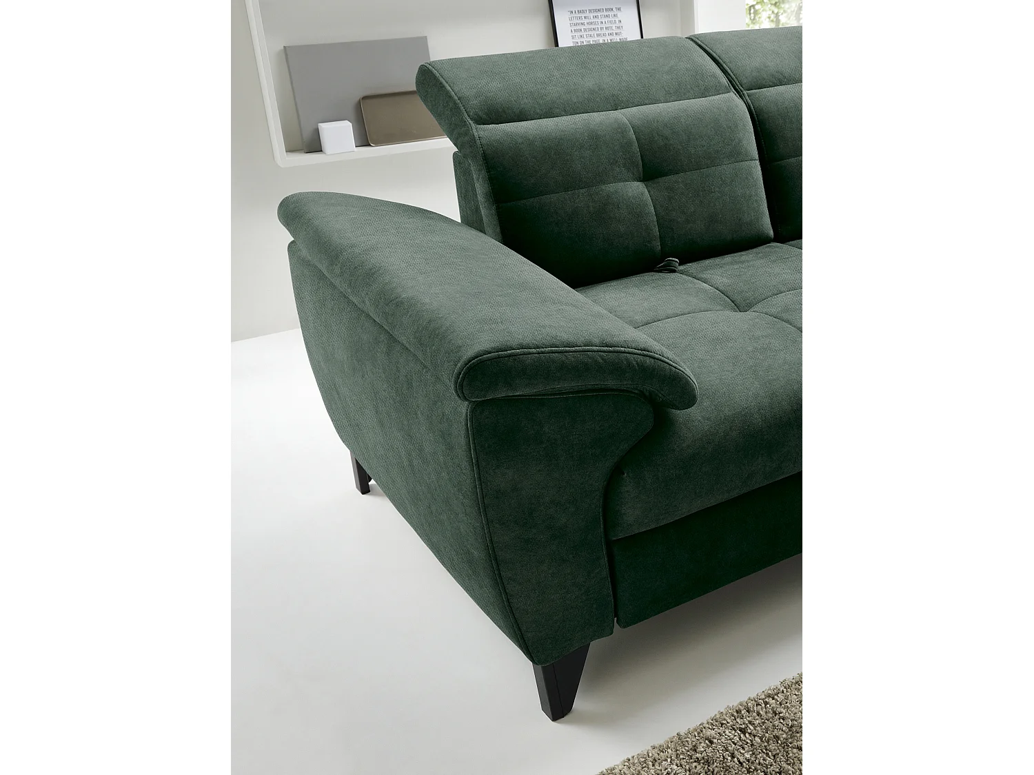 Canapé d'angle convertible tissu velouté KARIN - Coffre et appuis-tête réglables-Vert foncé-angle droit