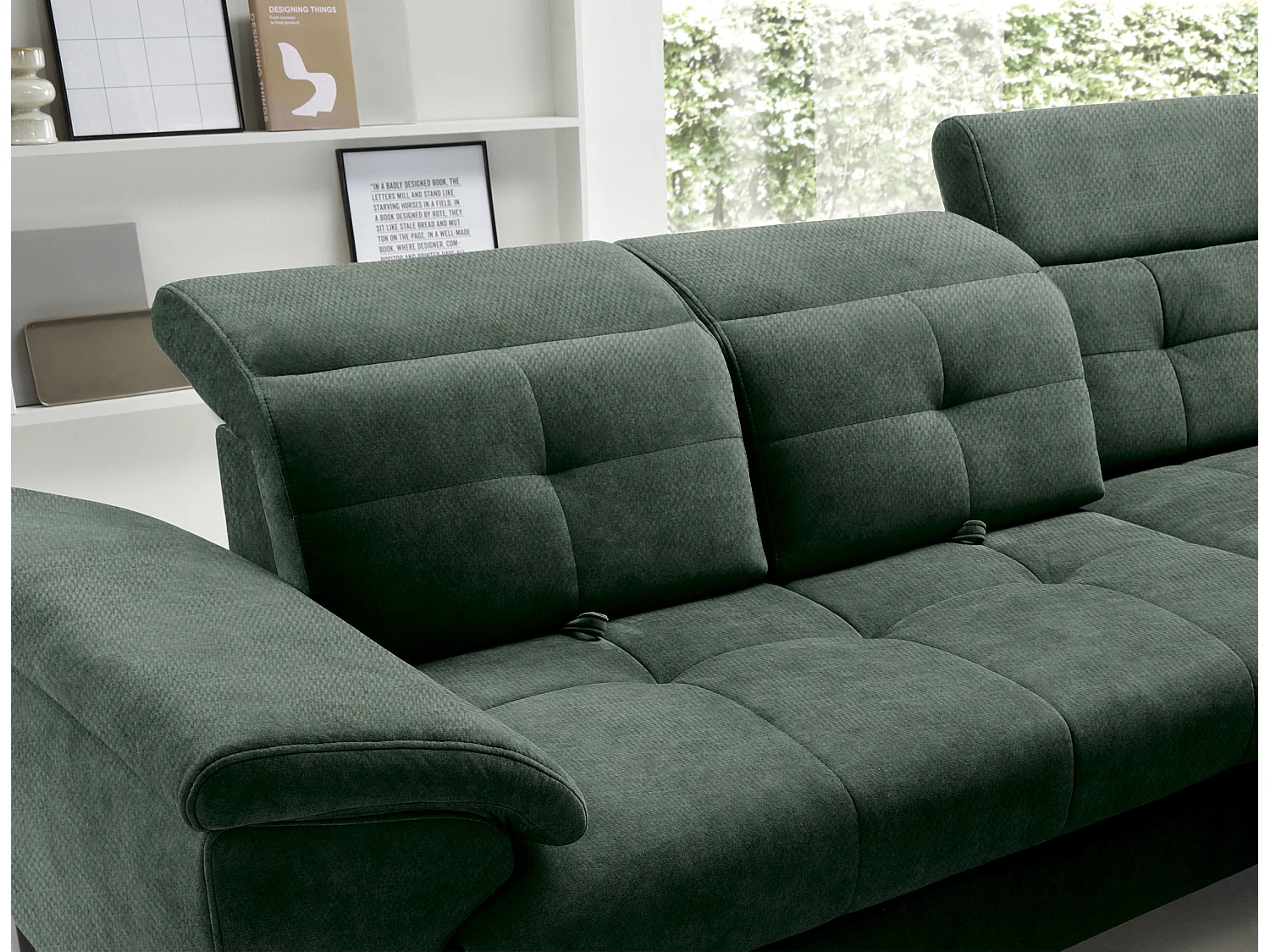 Canapé d'angle convertible tissu velouté KARIN - Coffre et appuis-tête réglables-Vert foncé-angle droit