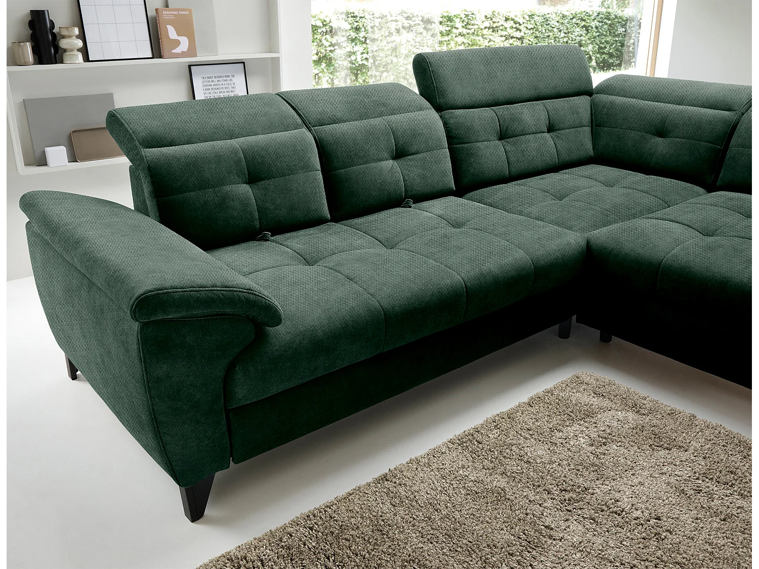 Canapé d'angle convertible tissu velouté KARIN - Coffre et appuis-tête réglables-Vert foncé-angle droit