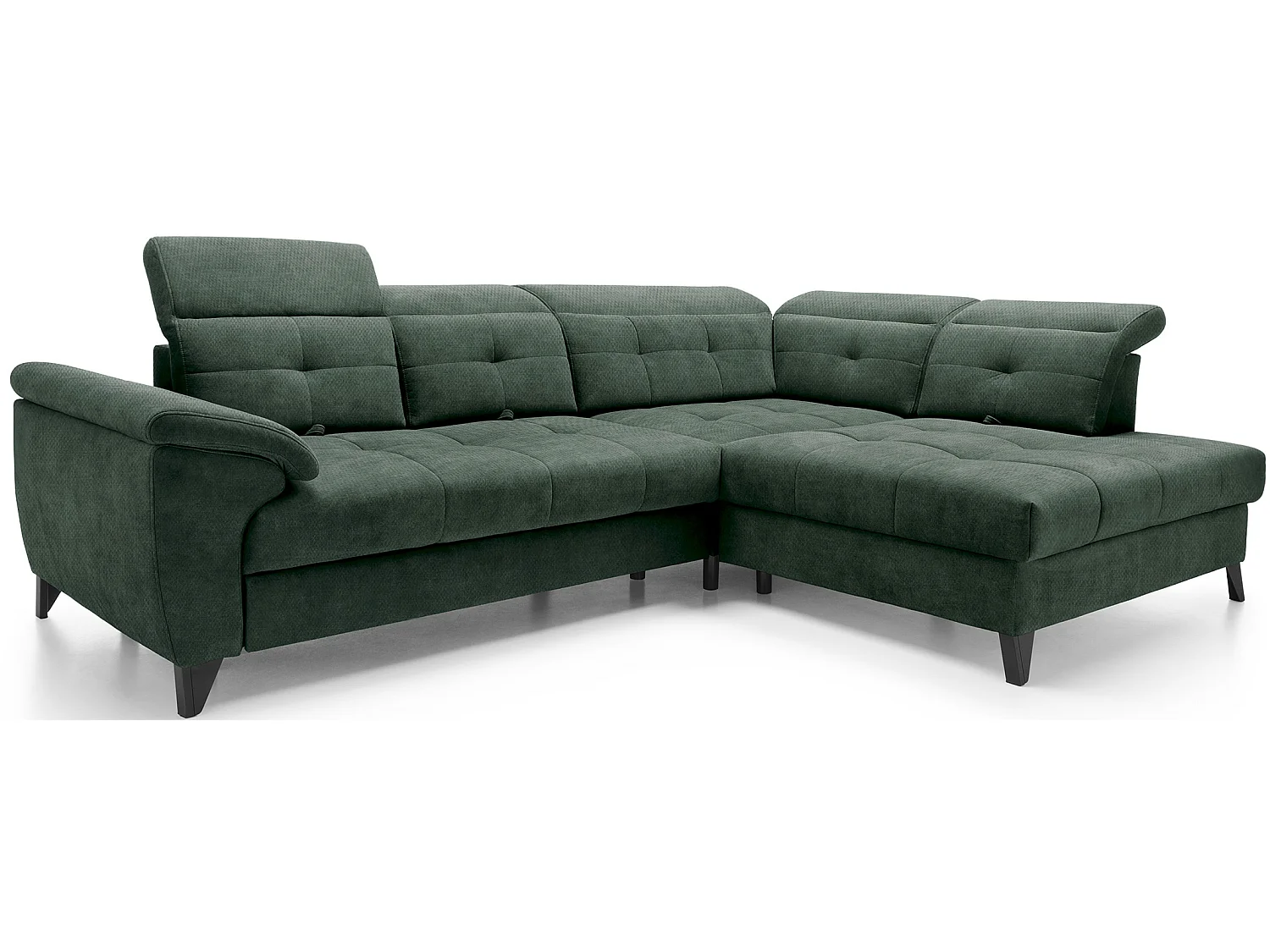 Canapé d'angle convertible tissu velouté KARIN - Coffre et appuis-tête réglables-Vert foncé-angle droit